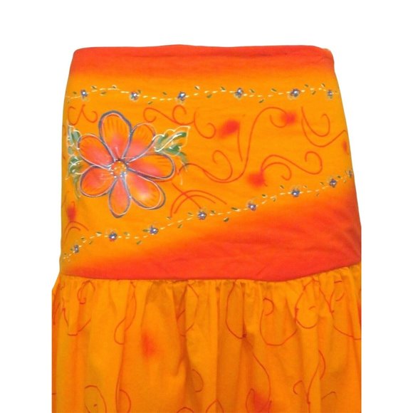 Madrid Hand Painted Drop Waist Skirt M Orange Gathered Knee Length Festival Mod - Picture 4 of 12